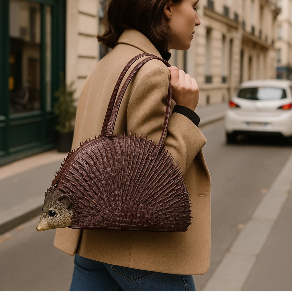 HEDGEHOG NOVELTY BAG PURPLE CROC EMBOSSED SATCHEL UNIQUE STATEMENT HANDBAG - Picture 2 of 15